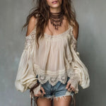 Burgundy Boho Cold-Shoulder Lace Blouse