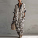 White Gradient Leopard Print Batwing Caftan Maxi Kaftan Dress