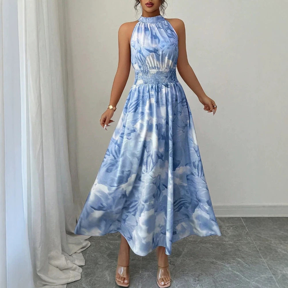 Summer Halter-Neck Waist-Cinching Sleeveless Ruffle Dress