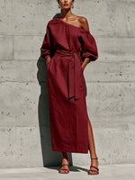 Linen One Shoulder Puff Sleeve Tie Waist Side Slit Midi Dress