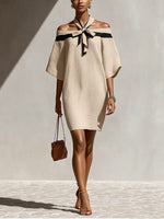 Contrast Halter Tie Off Shoulder Loose Mini Tunic Dress