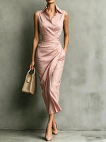 Women's Burgundy Sleeveless Wrap Shirt Midi Dress - Elegant Office & Evening Wear