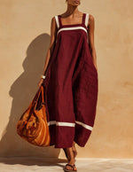 Linen Contrast White Stripe Square Neck Midi Skirt Set