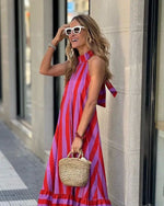 Striped Halter Neck Backless Dress Striped Halter Neck Backless Loose Dress For Women