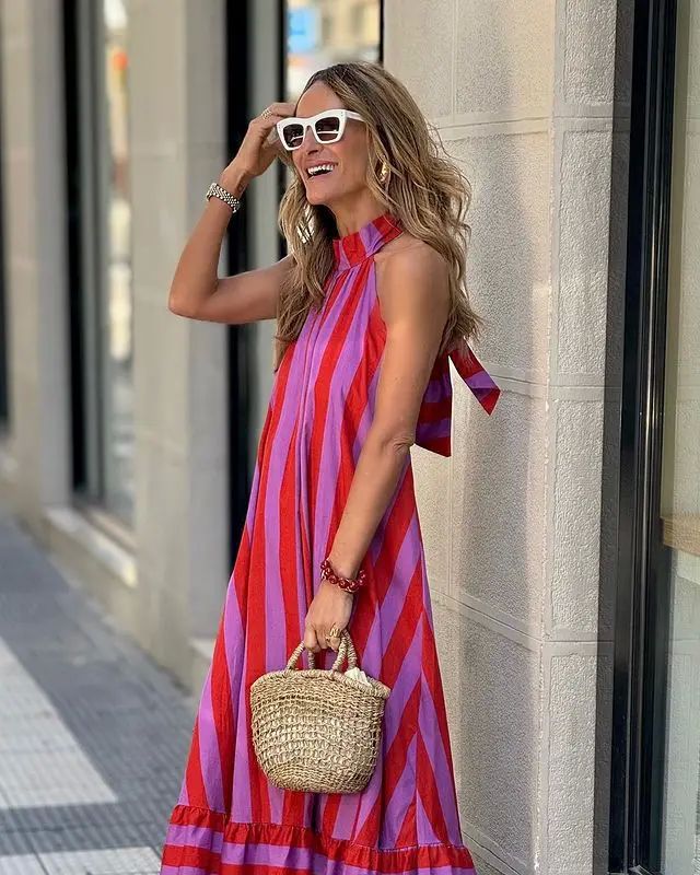 Striped Halter Neck Backless Dress Striped Halter Neck Backless Loose Dress For Women