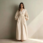 Poplin Split V Balloon Sleeve Smocked Waist Maxi Dress