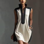Women's Black & White Color-Block Mini Dress With Stand Collar