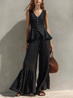 Mustard Linen-Blend Peplum Top & Ruffled Wide-Leg Pants Set