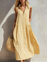 Women's Summer Resort Seaside Plaid Sleeveless Loose Long Dress