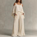 Women Solid Textured Cold Shoulder Batwing Top Elastic Waist Ruffle Wide Leg Pants Matching Set