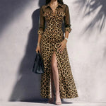Leopard Print Mesh Sleeve Maxi Shirt Dress