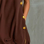 Brown Yellow Piping One Shoulder Button Side Loose Mini Dress