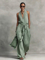 Casual Lace-Up Sleeveless Cotton Blend Jumpsuit