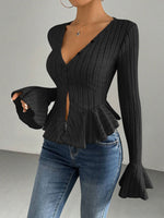 Cross-Border Women'S European And American Elegant Style T-Shirt 2026 Spring And Summer New V-Neck Ruffled Slim Temperament Fleece Top