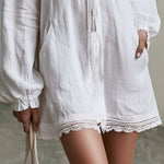 Textured Linen Lace Trim Tie Front Long Sleeve Mini Tunic Dress