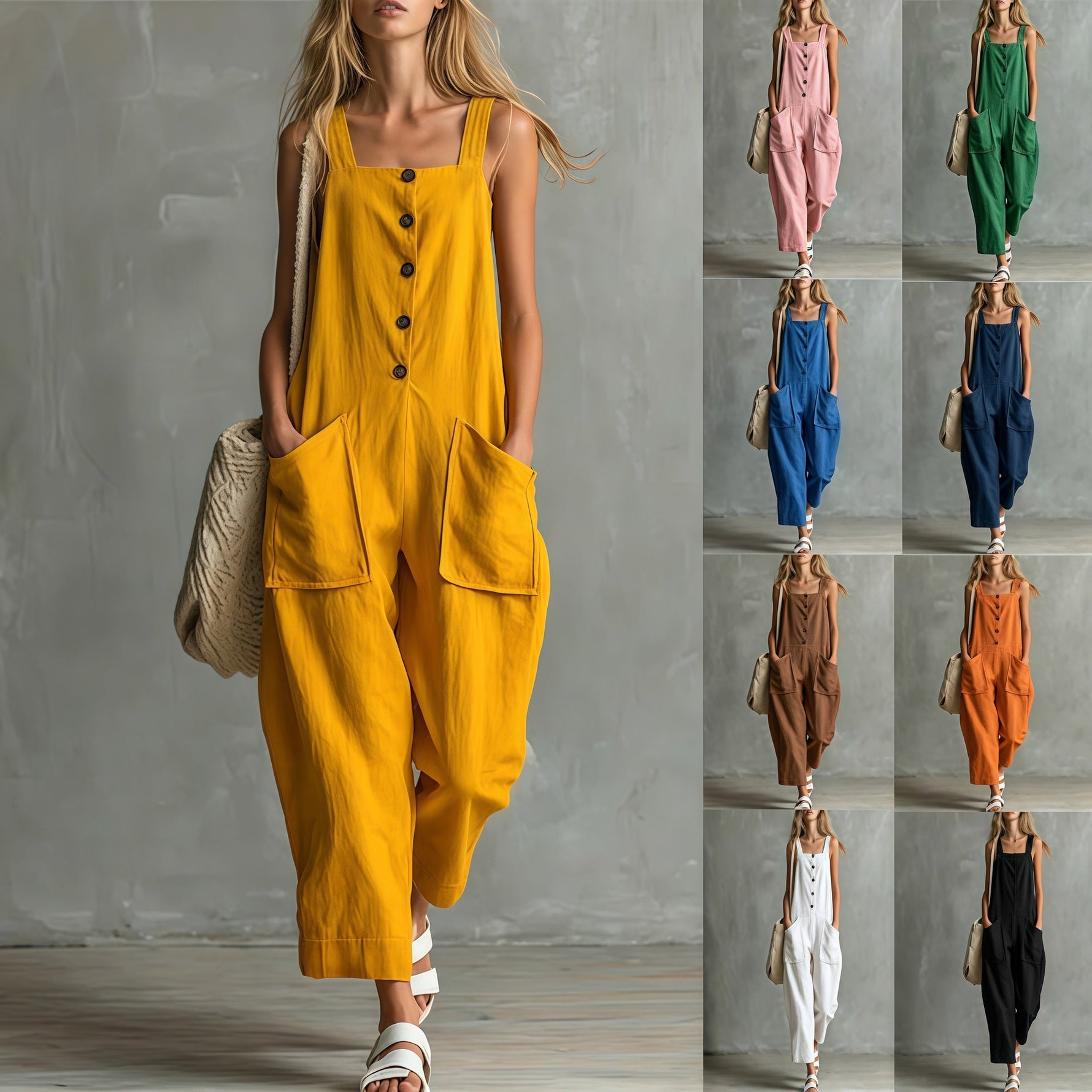 Loose Linen Square Neck Sleeveless Pocket Jumpsuit Casual Overall