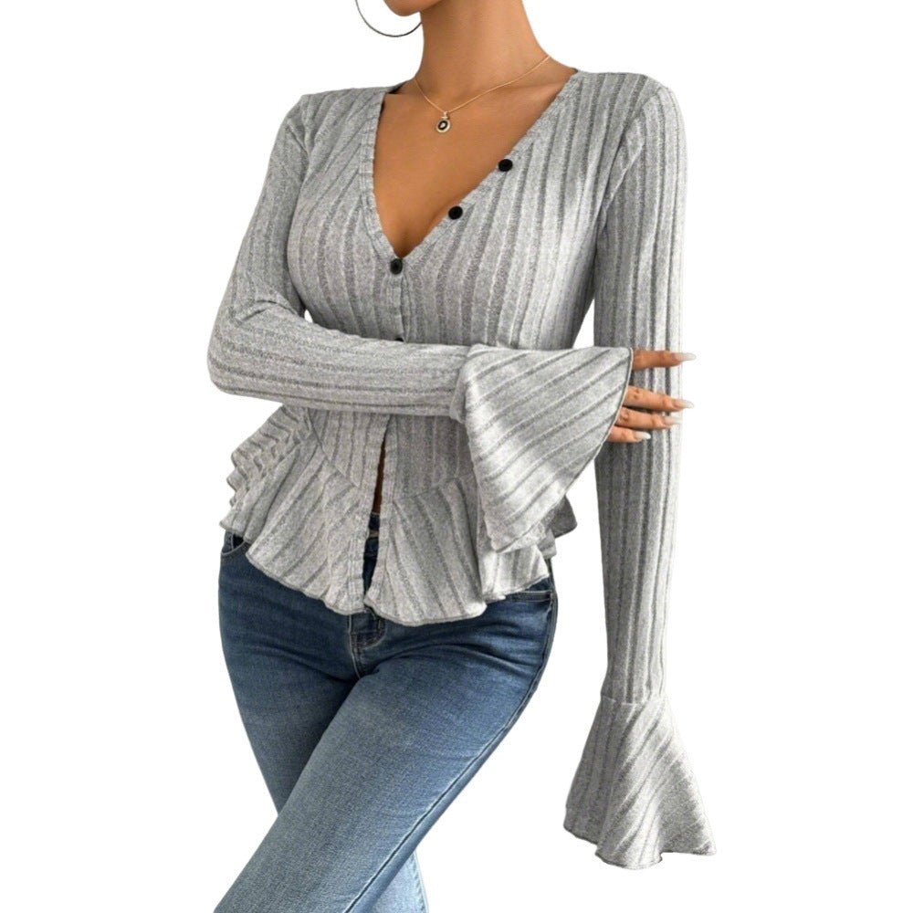 Cross-Border Women'S European And American Elegant Style T-Shirt 2026 Spring And Summer New V-Neck Ruffled Slim Temperament Fleece Top