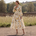 Retro Casual V-Neck Printed Long Sleeve Women'S Dress Long Skirt Spring New Style