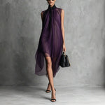 Sheer Mesh Sleeveless Tie Neck Asymmetrical Midi Dress