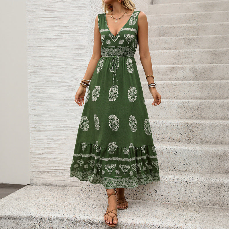 Cross-Border New Resort Style Printed Dress Green Ethnic Style Casual V-Neck High Waist Long Skirt For Women