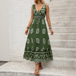Cross-Border New Resort Style Printed Dress Green Ethnic Style Casual V-Neck High Waist Long Skirt For Women