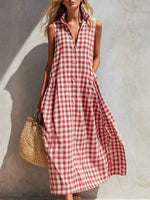 Women's Summer Resort Seaside Plaid Sleeveless Loose Long Dress