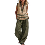 V-Neck Sleeveless Vest Wide-Leg Pants Suit Loose Casual Two-Piece Set For Women