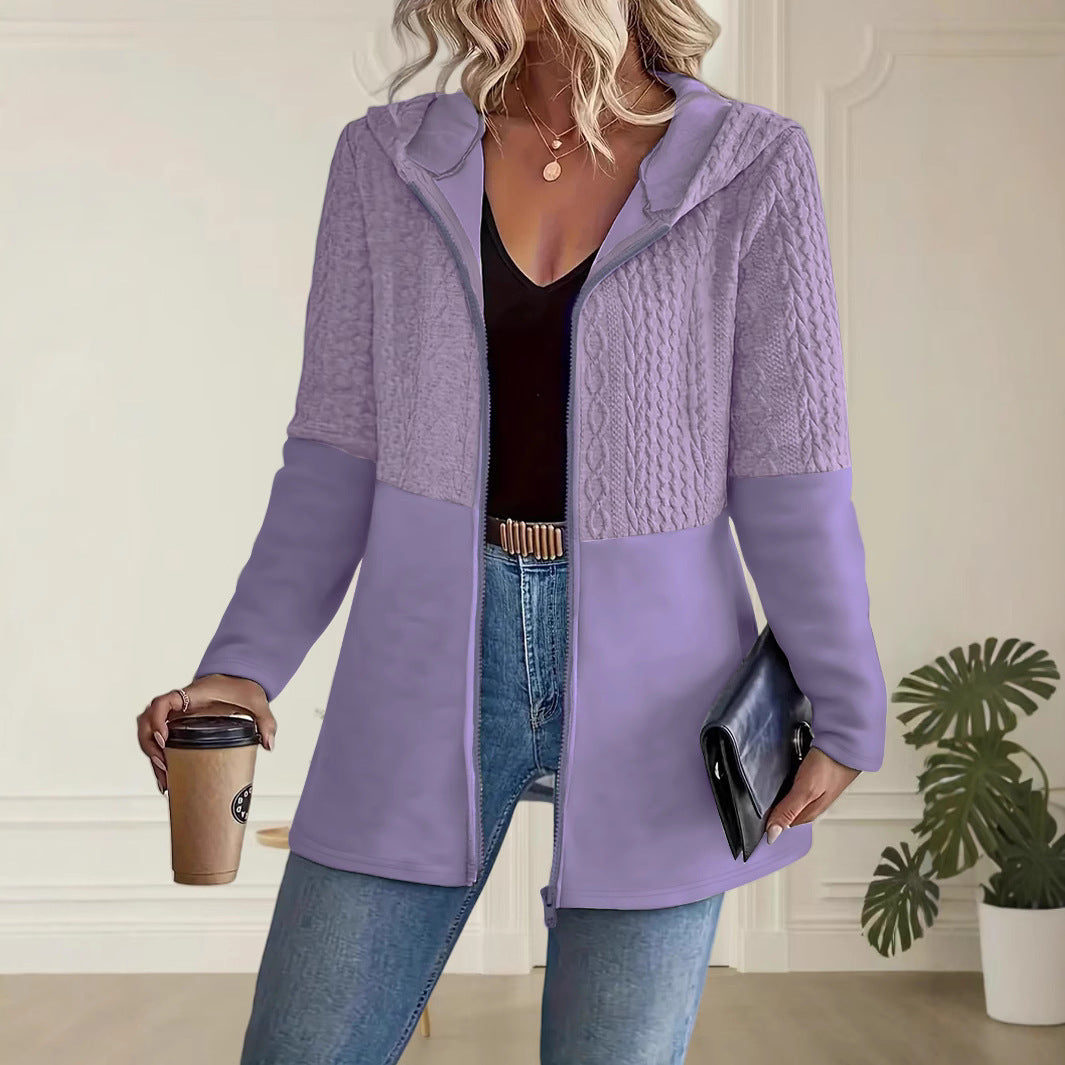 Women'S Autumn And Winter Solid Color Corrugated Stitching Casual Loose Women'S Hooded Jacket