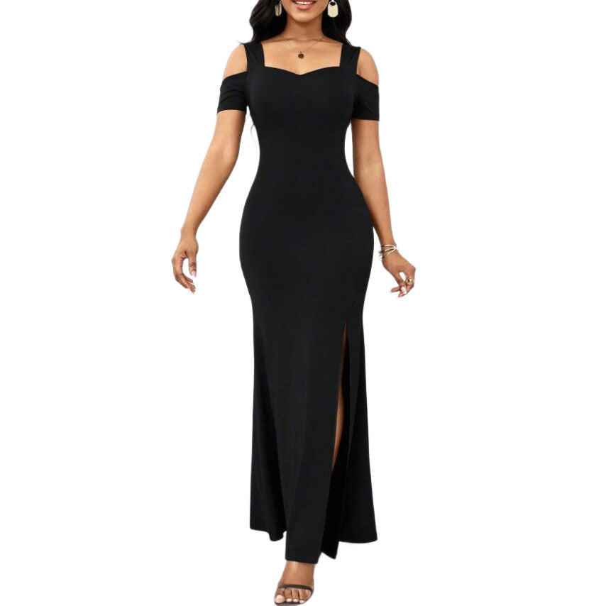 Black Off-Shoulder Slit Long Skirt, Slim Dress, Feminine Evening Dress, Early Summer Exquisite Cross-Border Ready Stock