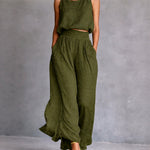 Chartreuse Textured Linen Matching Set, Sleeveless Tank Top & High Waist Flowy Wide Leg Pants