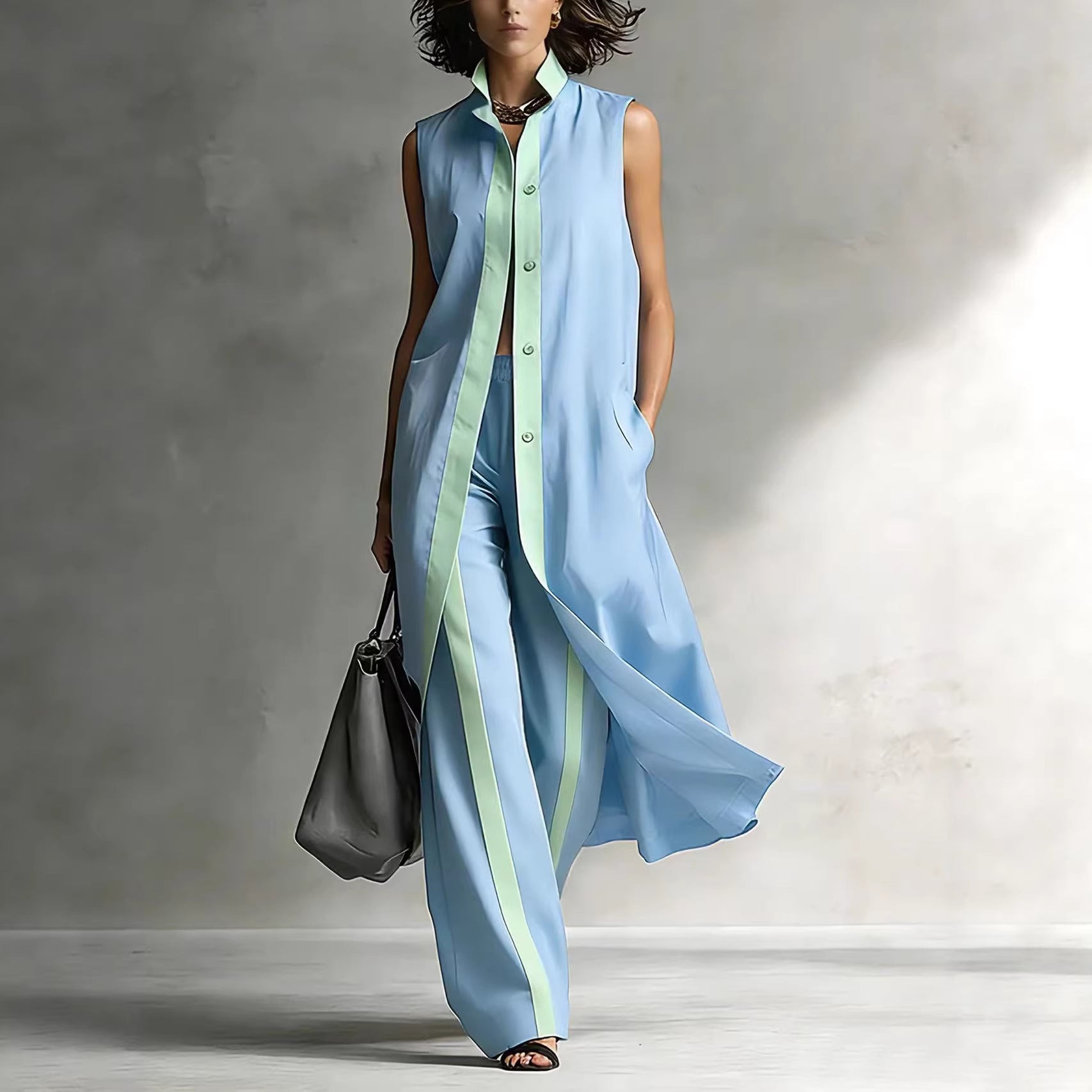 Contrast Sleeveless Tunic & Wide-Leg Pants Set Modern Sophistication, Effortless Tailored Style
