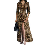 Leopard Print Mesh Sleeve Maxi Shirt Dress