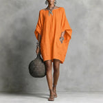 Women's Solid-color round-neck 3/4-sleeve Casual Loose Cotton-linen Dress