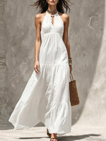 Halter Keyhole Neck Crinkled Tiered Maxi Dress