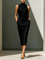 Women'S Elegant Sleeveless Slim Fit Hip-Covering Mid-Length Dress