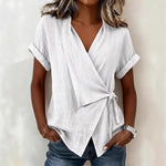 Wrap Tie Waist Linen Blend Short Sleeve V-Neck Blouse