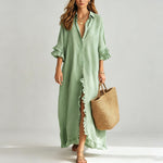 Linen Ruffle Trim 3/4 Sleeve Shirt Maxi Dress
