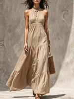 Halter Keyhole Neck Crinkled Tiered Maxi Dress