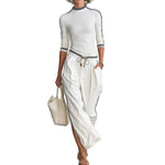 White Contrast Strip Trim Mock Neck 3/4 Sleeve Top
