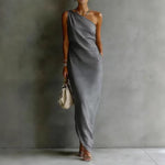 Solid Color Satin Slant Shoulder Drape Slim Long Dress