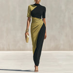 Asymmetrical Color Block Ruched High Neck Midi Bodycon Dress