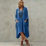 Linen Blend V-Neck 3/4 Sleeve Irregular Hem Midi Dress With Side Pockets