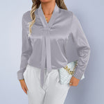 Real Shot Of Foreign Trade Women'S European And American Style Autumn And Autumn Denim Satin Shirt 25 Autumn New Product Simulated Silk White Blouse