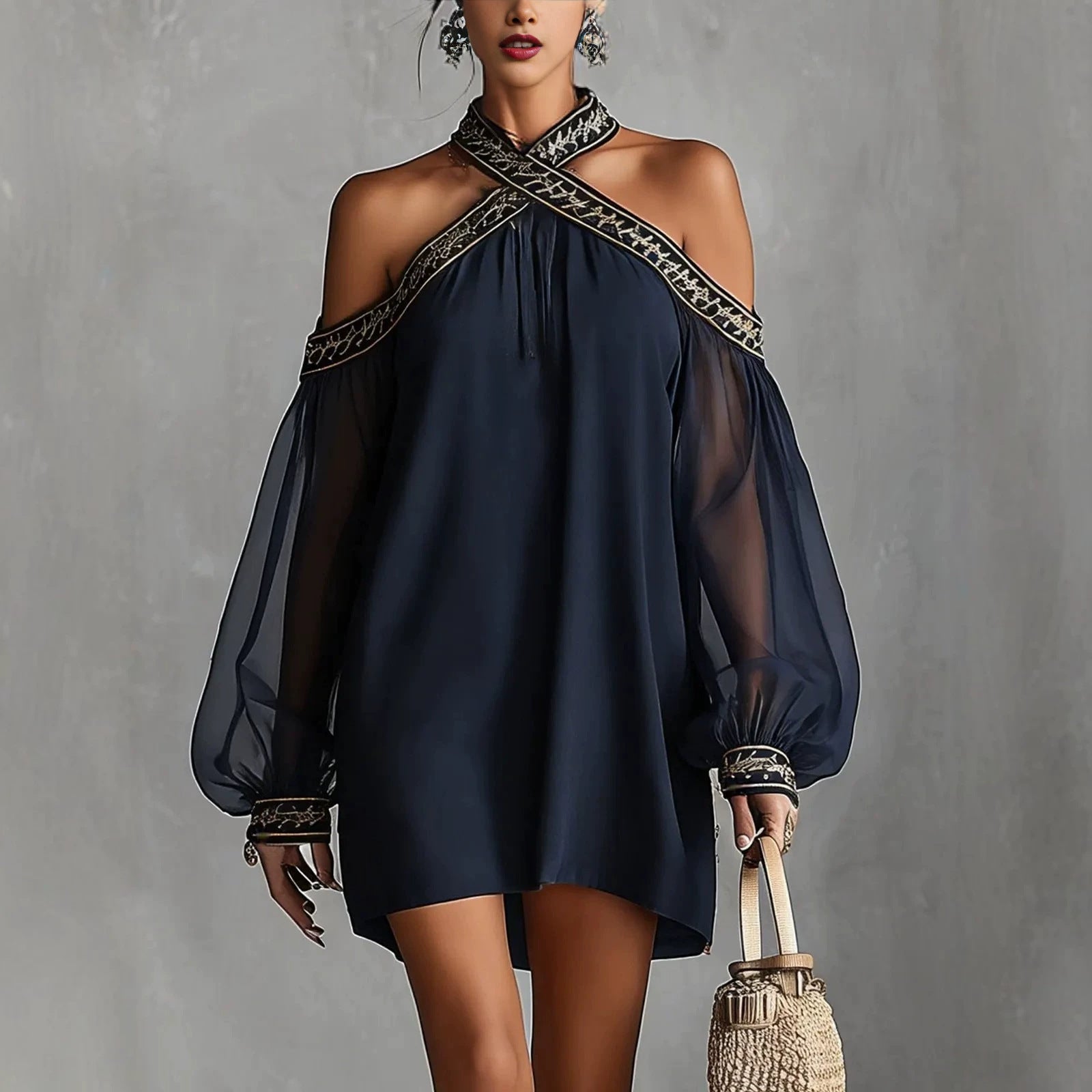 Embroidered Trim Sheer Long Sleeve Loose Tunic Dress