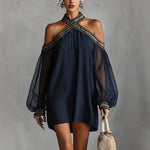Embroidered Trim Sheer Long Sleeve Loose Tunic Dress