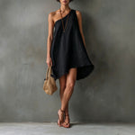Linen One Shoulder Frayed Hem Asymmetrical Mini Swing Dress