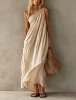 Dusty Pink One Shoulder Ruched Linen Maxi Dress