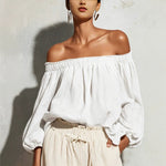 Women Off Shoulder Puff Bubble Sleeve Crinkled Casual Blouse