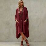 Linen Blend V-Neck 3/4 Sleeve Irregular Hem Midi Dress With Side Pockets
