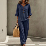 Light Blue V Neck Ruffle Sleeve Linen Two-Piece Wide Leg Pants Set